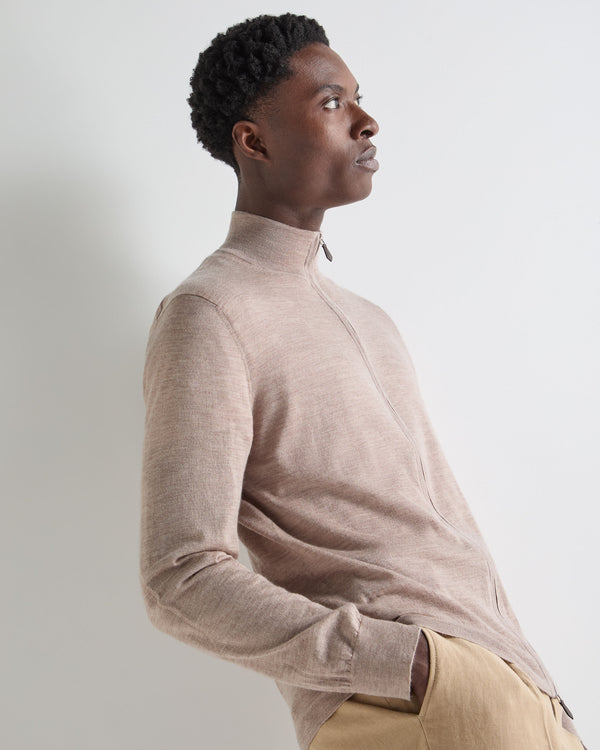 N.Peal Men's Hyde Fine Gauge Cashmere Full Zip Jumper Soft Taupe Brown