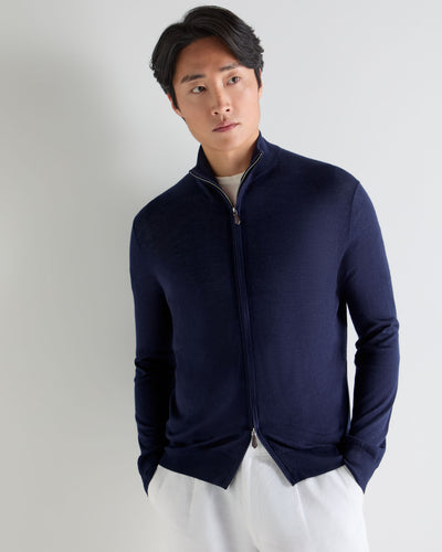N.Peal Men's Hyde Fine Gauge Cashmere Full Zip Jumper Summer Navy Blue