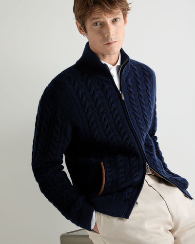 N.Peal Men's Richmond Cable Cashmere Cardigan Deep French Blue