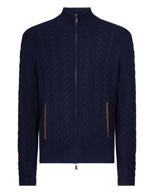 N.Peal Men's Richmond Cable Cashmere Cardigan Deep French Blue