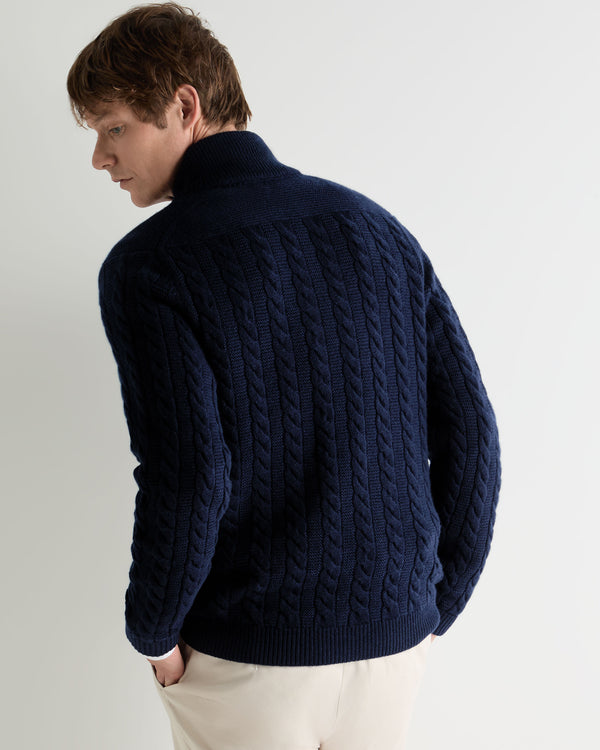 N.Peal Men's Richmond Cable Cashmere Cardigan Deep French Blue