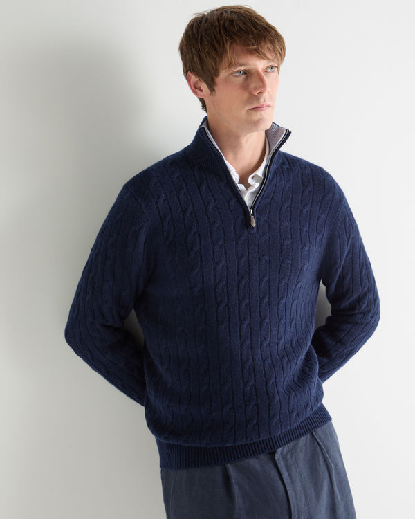 N.Peal Men's Albemarle Cable Half Zip Cashmere Jumper Deep French Blue