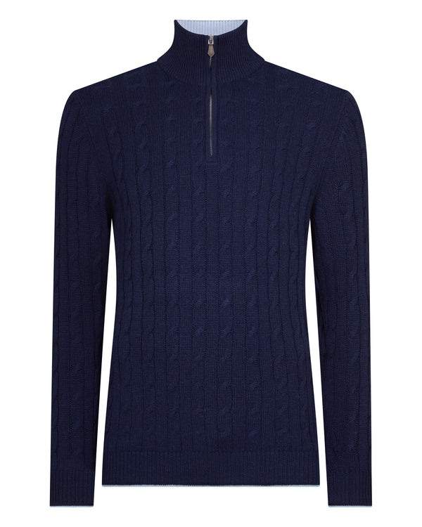 N.Peal Men's Albemarle Cable Half Zip Cashmere Jumper Deep French Blue