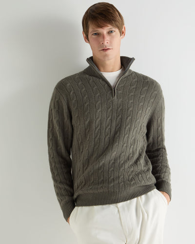 N.Peal Men's Albemarle Cable Half Zip Cashmere Jumper Olive Green