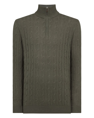 N.Peal Men's Albemarle Cable Half Zip Cashmere Jumper Olive Green