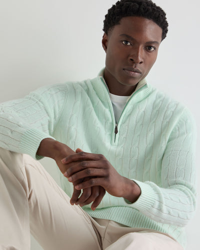 N.Peal Men's Albemarle Cable Half Zip Cashmere Jumper Mint Green