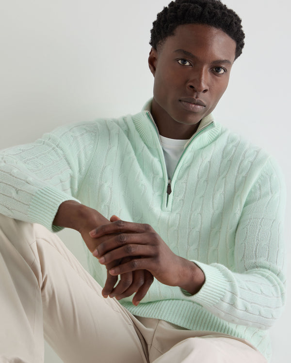 N.Peal Men's Albemarle Cable Half Zip Cashmere Jumper Mint Green