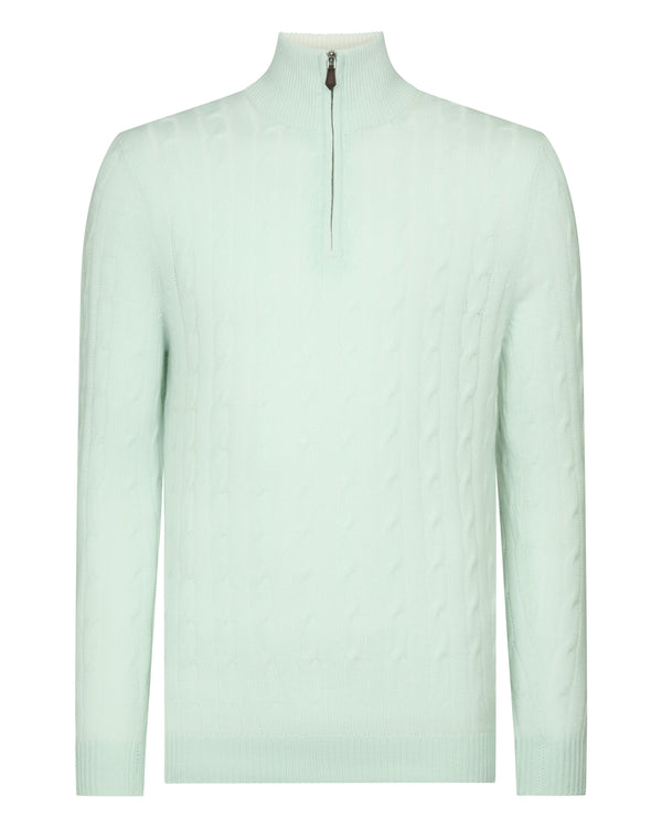 N.Peal Men's Albemarle Cable Half Zip Cashmere Jumper Mint Green