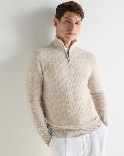 N.Peal Men's Albemarle Cable Half Zip Cashmere Jumper Sand Brown