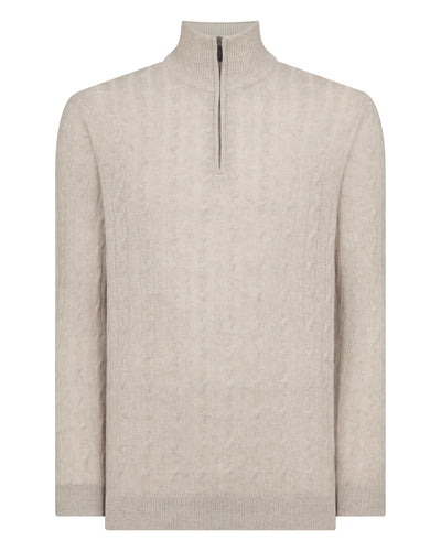 N.Peal Men's Albemarle Cable Half Zip Cashmere Jumper Sand Brown