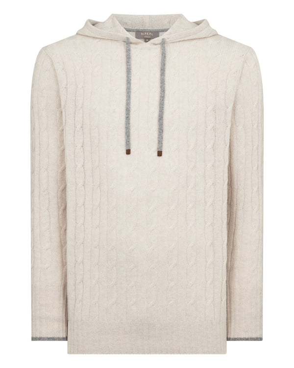 N.Peal Men's Fitzrovia Cable Cashmere Hoodie Pebble Grey