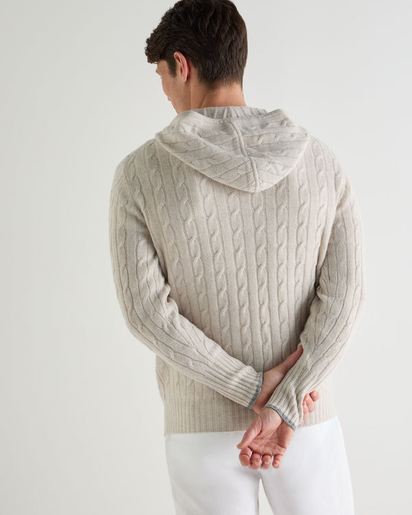 N.Peal Men's Fitzrovia Cable Cashmere Hoodie Pebble Grey