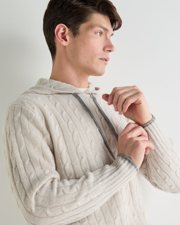 N.Peal Men's Fitzrovia Cable Cashmere Hoodie Pebble Grey