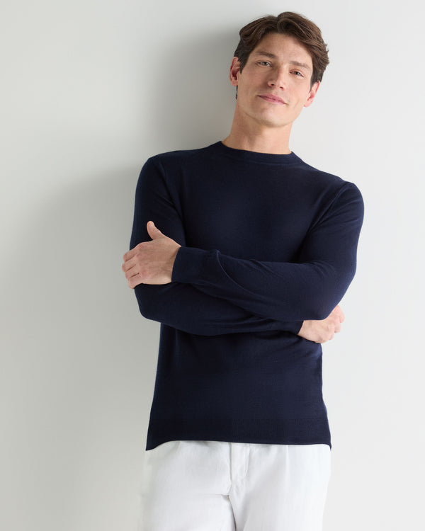 N.Peal Men's Covent Fine Gauge Cashmere Round Neck Jumper Summer Navy Blue