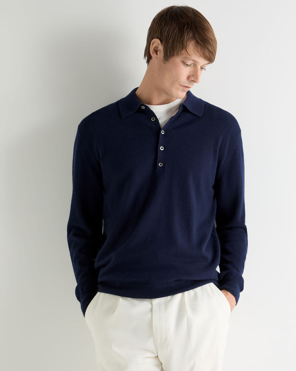 N.Peal Men's Greenwich Cashmere Polo Shirt Deep French Blue