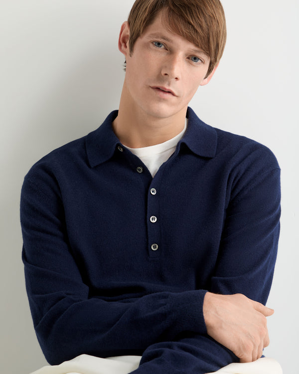 N.Peal Men's Greenwich Cashmere Polo Shirt Deep French Blue
