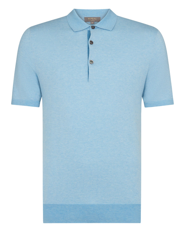 N.Peal Men's Polzeath Cotton Cashmere Polo T-Shirt Cornflower Blue