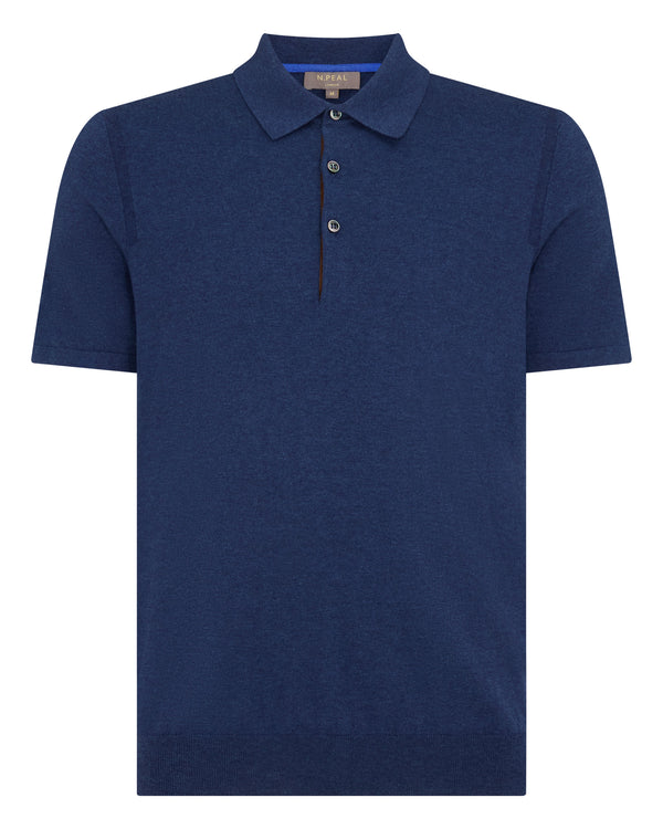 N.Peal Men's Polzeath Cotton Cashmere Polo T-Shirt Dark Denim Blue