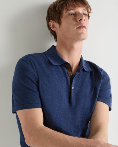 N.Peal Men's Polzeath Cotton Cashmere Polo T-Shirt Dark Denim Blue