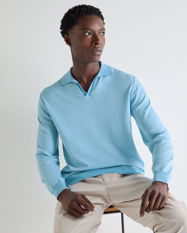 N.Peal Men's Padstow Cotton Cashmere Polo Shirt Cornflower Blue