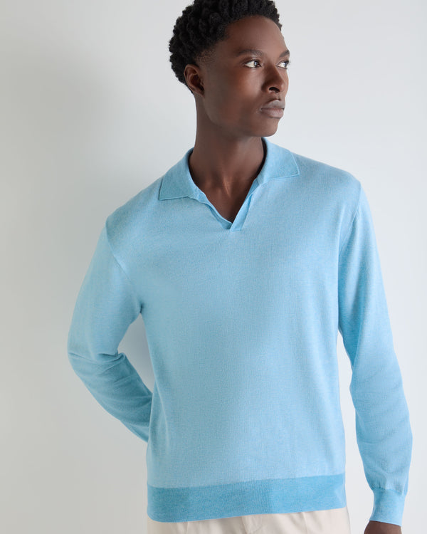 N.Peal Men's Padstow Cotton Cashmere Polo Shirt Cornflower Blue