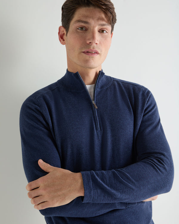 N.Peal Men's Salcombe Half Zip Cotton Cashmere Jumper Dark Denim Blue