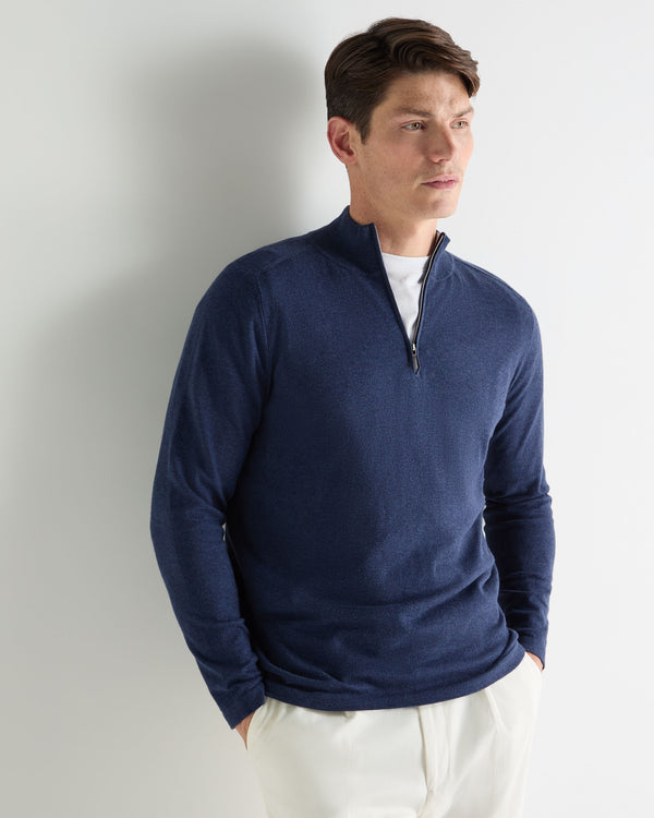 N.Peal Men's Salcombe Half Zip Cotton Cashmere Jumper Dark Denim Blue