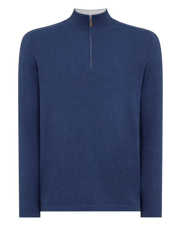 N.Peal Men's Salcombe Half Zip Cotton Cashmere Jumper Dark Denim Blue