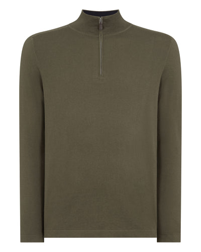 N.Peal Men's Salcombe Half Zip Cotton Cashmere Jumper Khaki Green