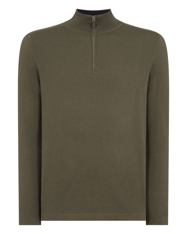N.Peal Men's Salcombe Half Zip Cotton Cashmere Jumper Khaki Green