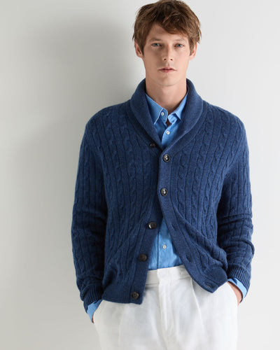 N.Peal Men's Garrick Shawl Cable Cashmere Cardigan Bright Denim Blue