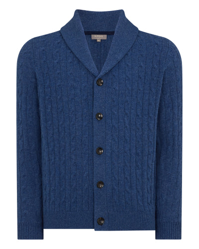 N.Peal Men's Garrick Shawl Cable Cashmere Cardigan Bright Denim Blue