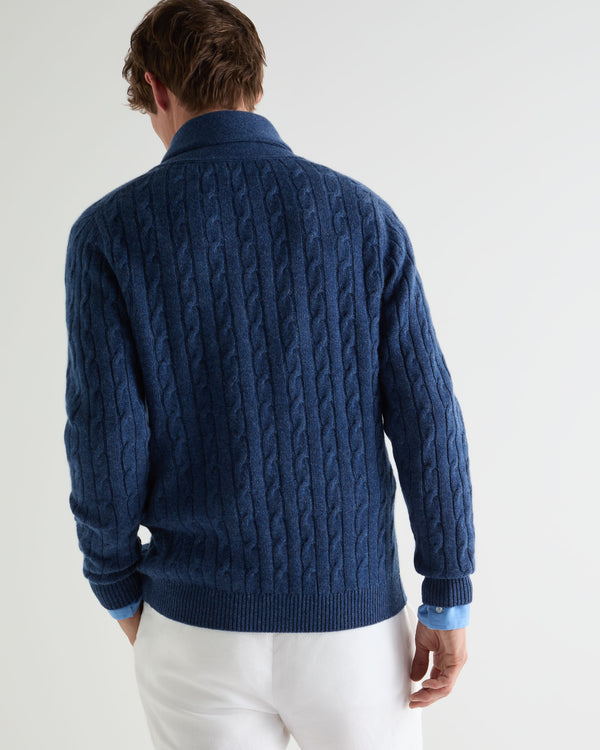 N.Peal Men's Garrick Shawl Cable Cashmere Cardigan Bright Denim Blue