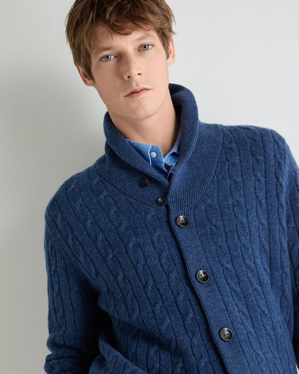 N.Peal Men's Garrick Shawl Cable Cashmere Cardigan Bright Denim Blue