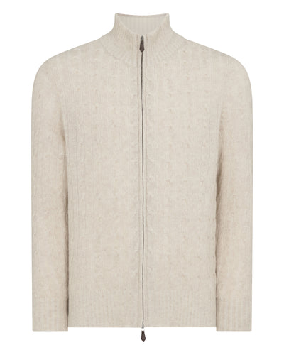 N.Peal Men's Contrast Cable Full Zip Cashmere Jumper Sand Brown