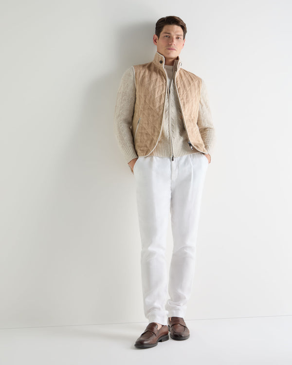 N.Peal Men's Contrast Cable Full Zip Cashmere Jumper Sand Brown