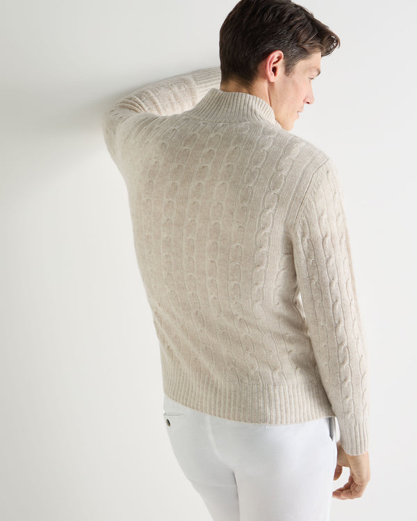 N.Peal Men's Contrast Cable Full Zip Cashmere Jumper Sand Brown