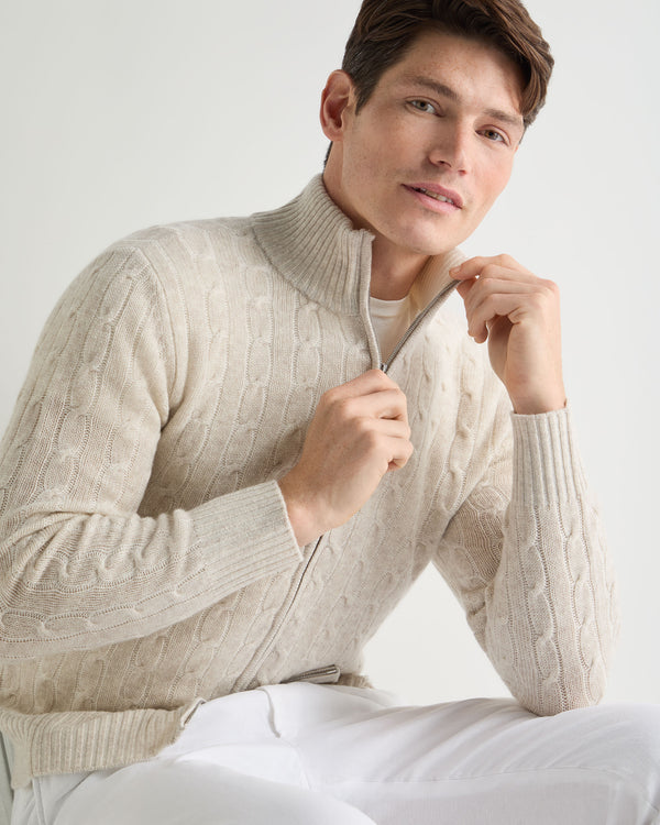 N.Peal Men's Contrast Cable Full Zip Cashmere Jumper Sand Brown