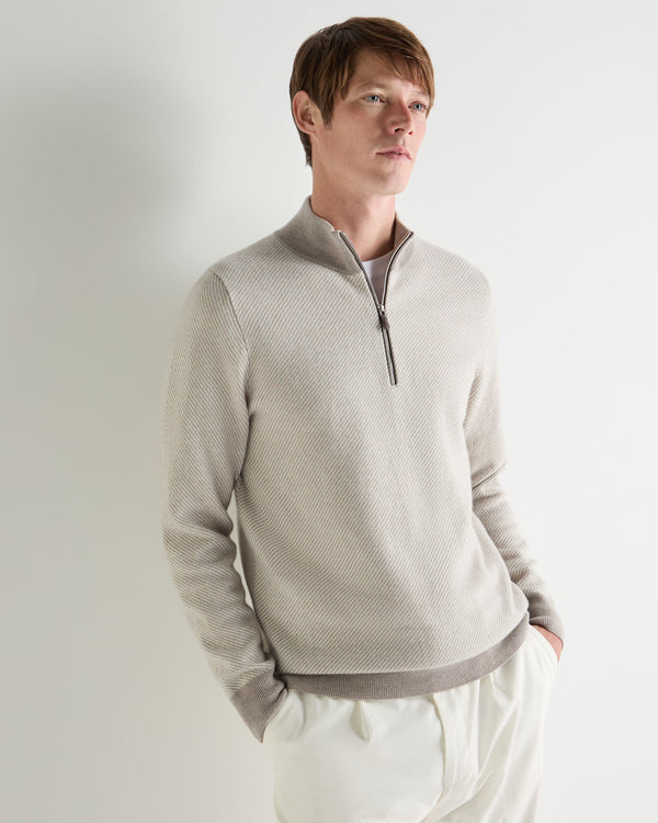 N.Peal Men's Temple Jacquard Half Zip Cashmere Jumper Oat Grey