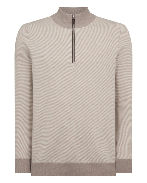 N.Peal Men's Temple Jacquard Half Zip Cashmere Jumper Oat Grey