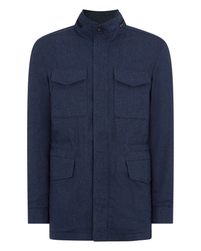 N.Peal Men's Hampton Linen Blend Field Jacket Navy Blue Herringbone