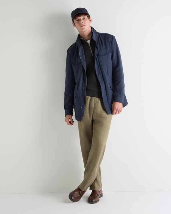 N.Peal Men's Hampton Linen Blend Field Jacket Navy Blue Herringbone