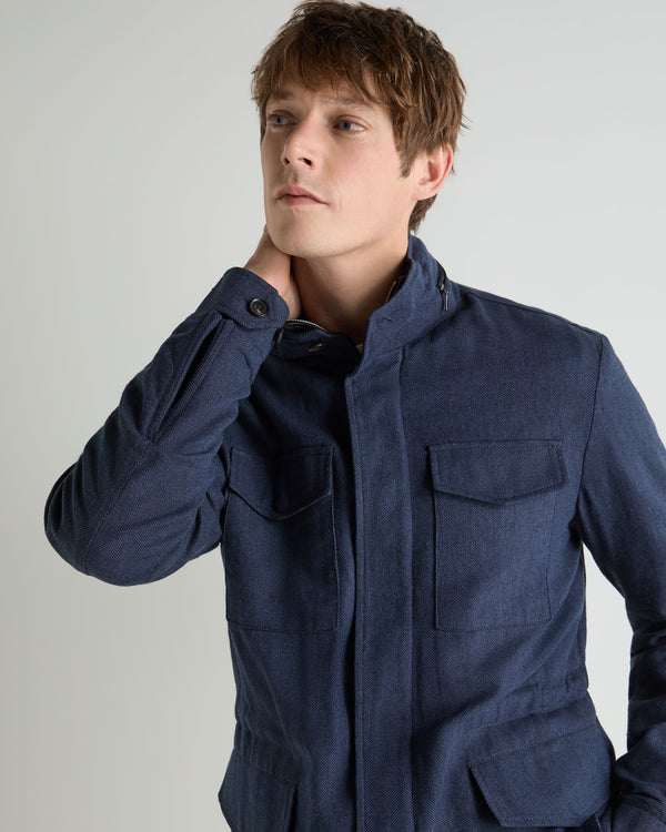 N.Peal Men's Hampton Linen Blend Field Jacket Navy Blue Herringbone