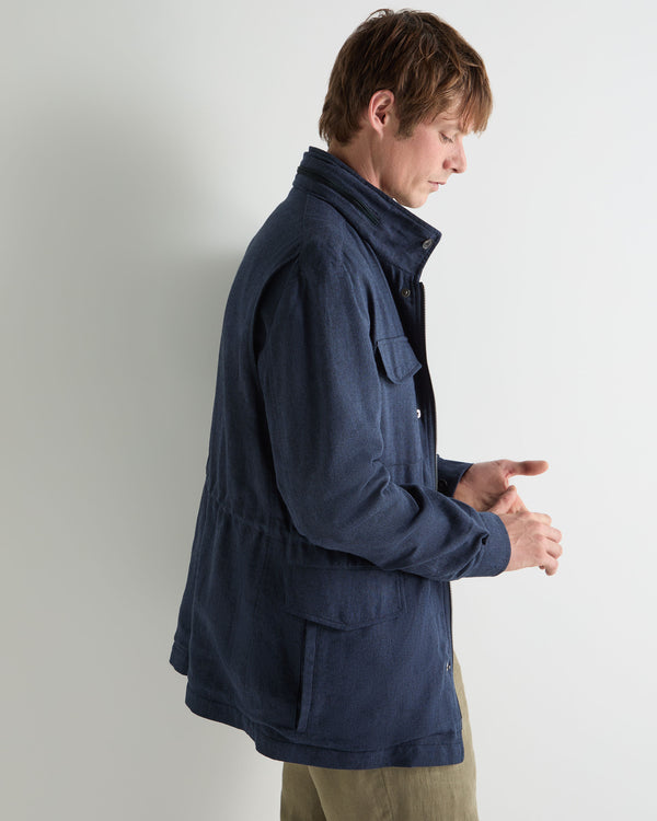 N.Peal Men's Hampton Linen Blend Field Jacket Navy Blue Herringbone