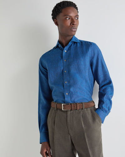 N.Peal Men's Cannes Linen Shirt Petrol Blue