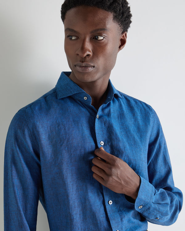 N.Peal Men's Cannes Linen Shirt Petrol Blue
