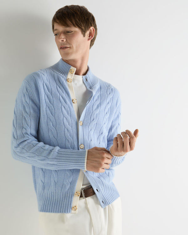 N.Peal Men's Jermyn Cable Full Button Cashmere Cardigan Sea Mist Blue