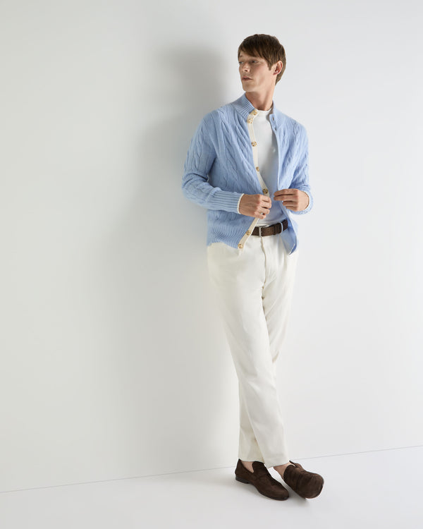 N.Peal Men's Jermyn Cable Full Button Cashmere Cardigan Sea Mist Blue