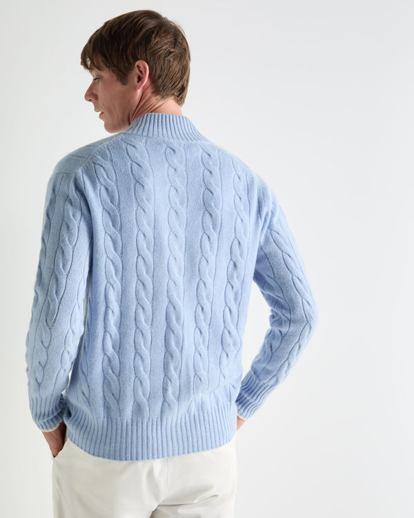 N.Peal Men's Jermyn Cable Full Button Cashmere Cardigan Sea Mist Blue