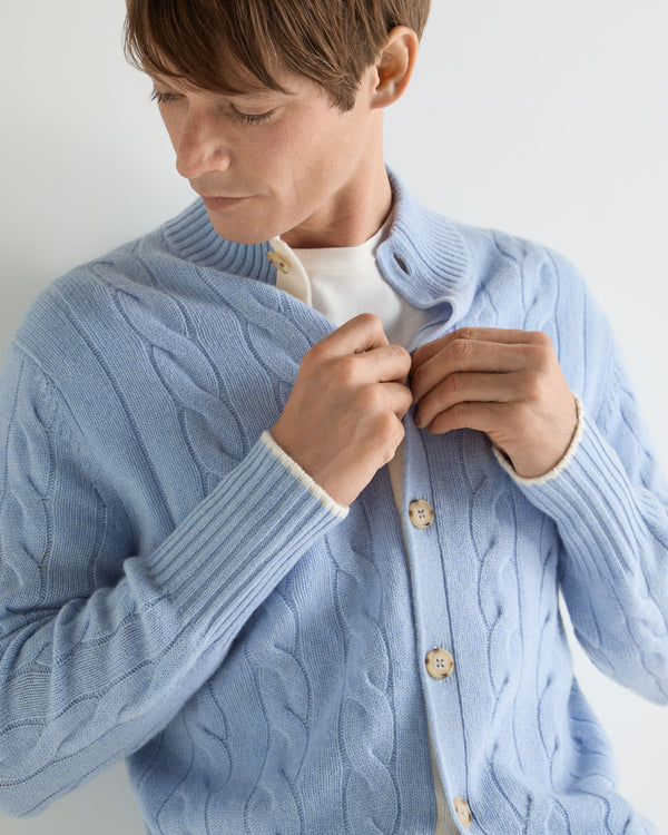 N.Peal Men's Jermyn Cable Full Button Cashmere Cardigan Sea Mist Blue